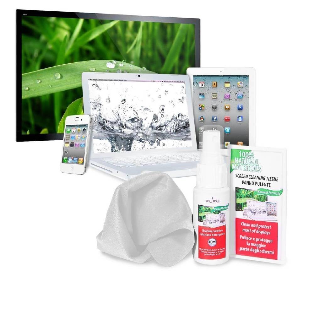 Puro Kit pulizia schermi Spray 30ml, panno microfibra e 10 salviette umidificate Vendita Calda
