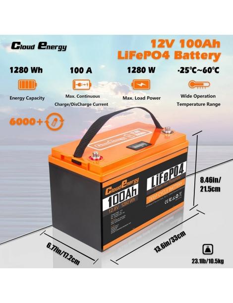 Cloudenergy 12V 100Ah LiFePO4 Battery Pack 1280Wh di energia 6000+ cicli BMS integrato 100A supporto serie/parallelo Saldi Di Fabbrica