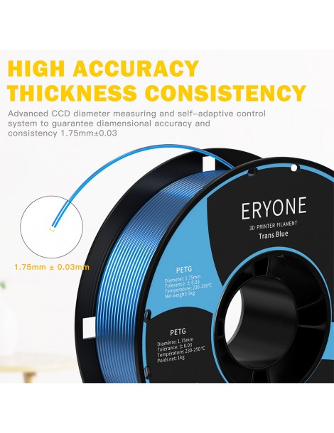 ERYONE PETG Filamento per stampante 3D 1 75mm Tolleranza 0 03mm 1KG(2.2LBS)/Spool - Blu trasparente Qualità Garantita