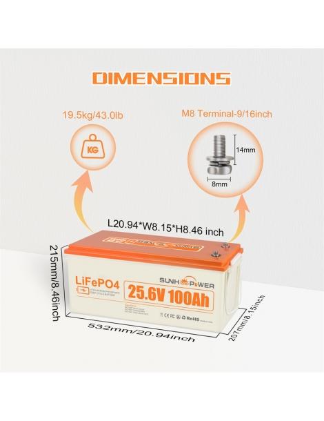 SUNHOOPOWER 24V 100Ah LiFePO4 Batteria energia 2560Wh BMS 100A integrato potenza di carico max. 2560W IP68 Offerta