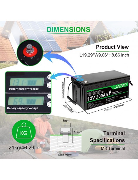 LANPWR 12V 200Ah LiFePO4 Batteria di backup 2560Wh di energia 4000 cicli profondi Pezzi Unici
