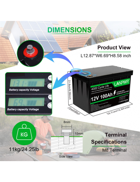 LANPWR Batteria di backup 12V 100Ah LiFePO4 1280Wh di energia 4000 cicli profondi Soddisfazione Garantita