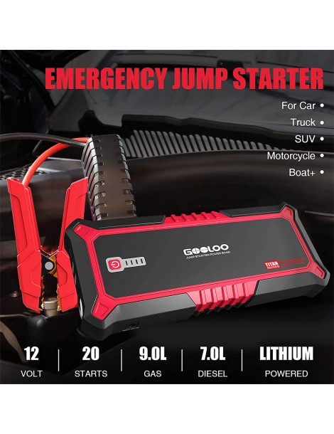 GOOLOO GP2000 avviatore di emergenza per auto con picco di 2000A Jump Box da 12V alimentatore da 19800mAh - Rosso Moda