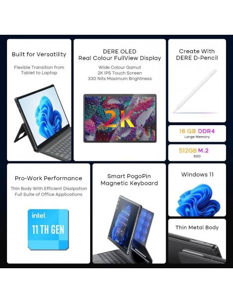 DERE T30 PRO 2-in-1 Laptop 13 pollici 2K IPS Touch Screen Tablet PC/Tastiera magica Penna stilo 16GB DDR4 512GB SSD - Verde Italy