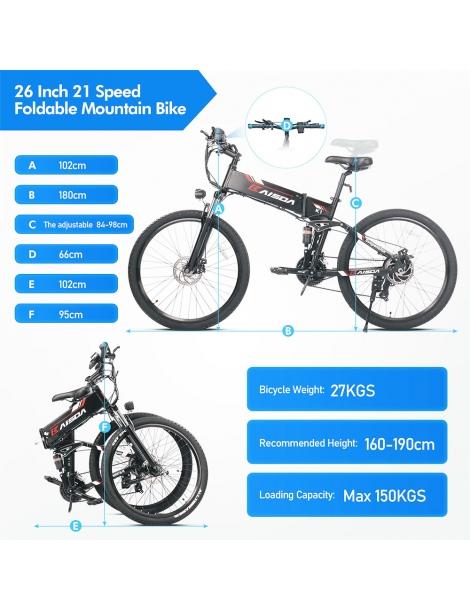 Kaisda K1 Ciclomotore elettrico pieghevole pneumatico da 26 pollici motore da 500W batteria agli ioni di litio da 10Ah - Nero Nuovo