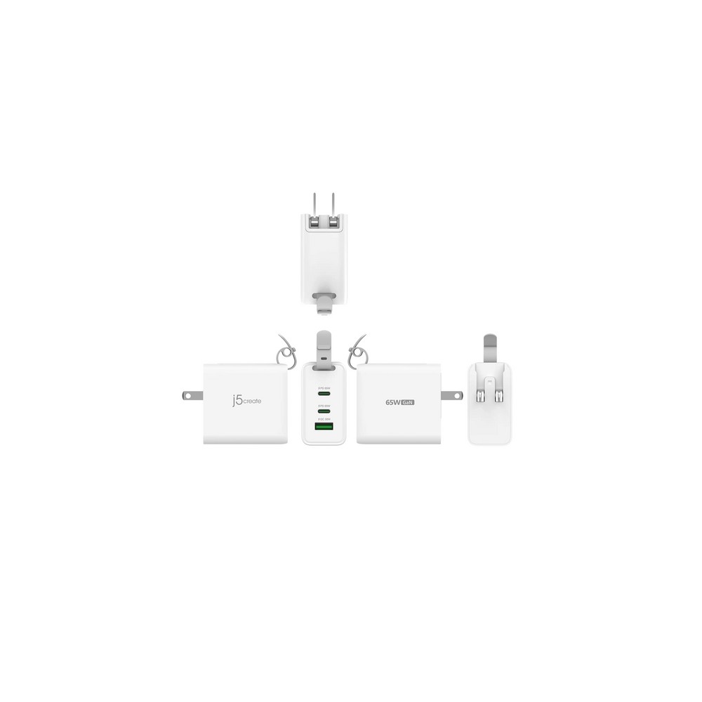 j5create 65W GaN USB-C 3-Port Traveler Charger with changeable AC plugs and USB-C cable Esporta salva
